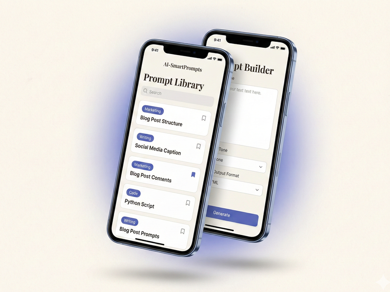 AI-SmartPrompts app showing Prompt Library and Prompt Builder screens